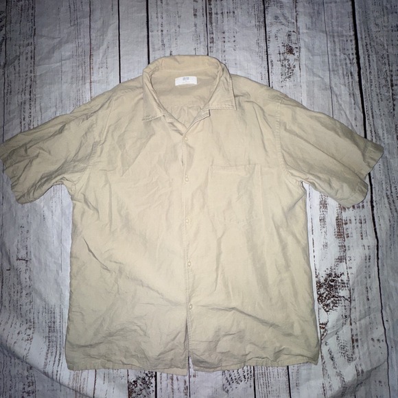 Uniqlo Other - Uniqlo Mens Medium Beige Short-Sleeve Button-Up Shirt Cotton Linen Blend